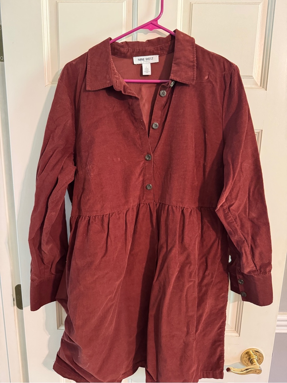 Nine West Corduroy Button-Up Shirt Dress in Rust